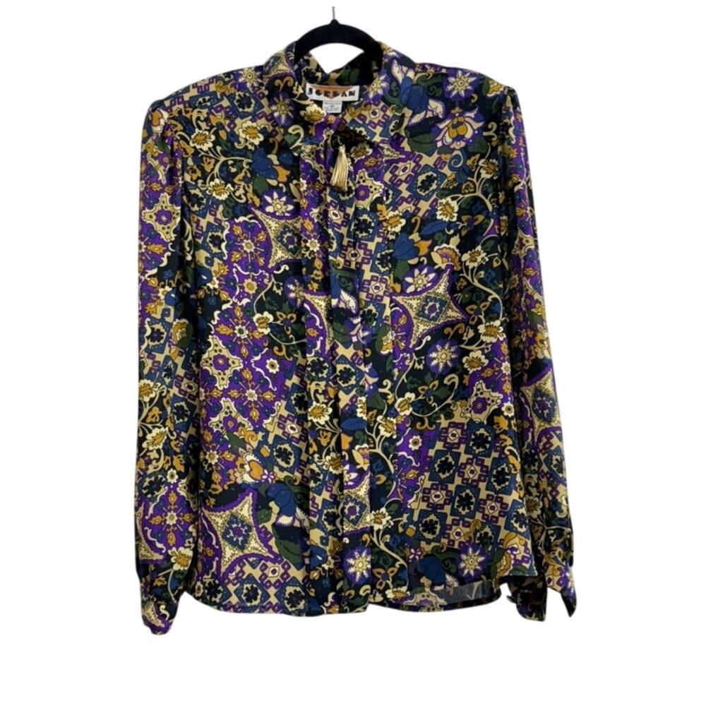 Vintage 70s Jordan Psychedelic Floral Blouse | Tassel Tie Neck | Made in Korea